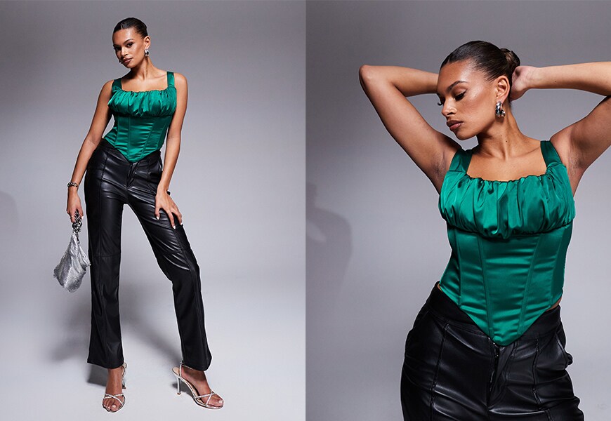 Model wearing satin green Taideux corset top