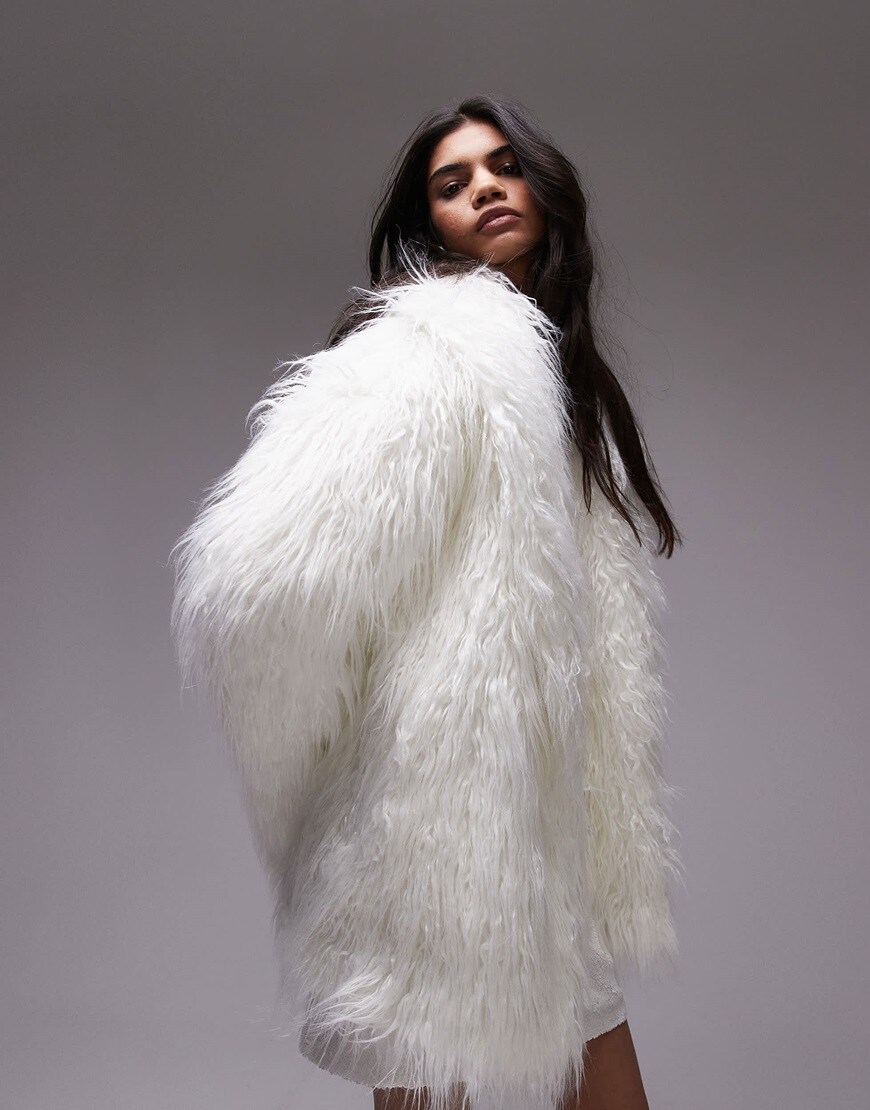 Topshop faux fluffy fur long coat in white