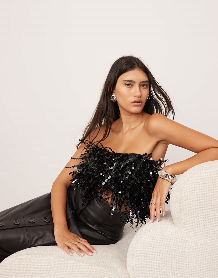 ASOS EDITION sequin fringe bandeau top in black