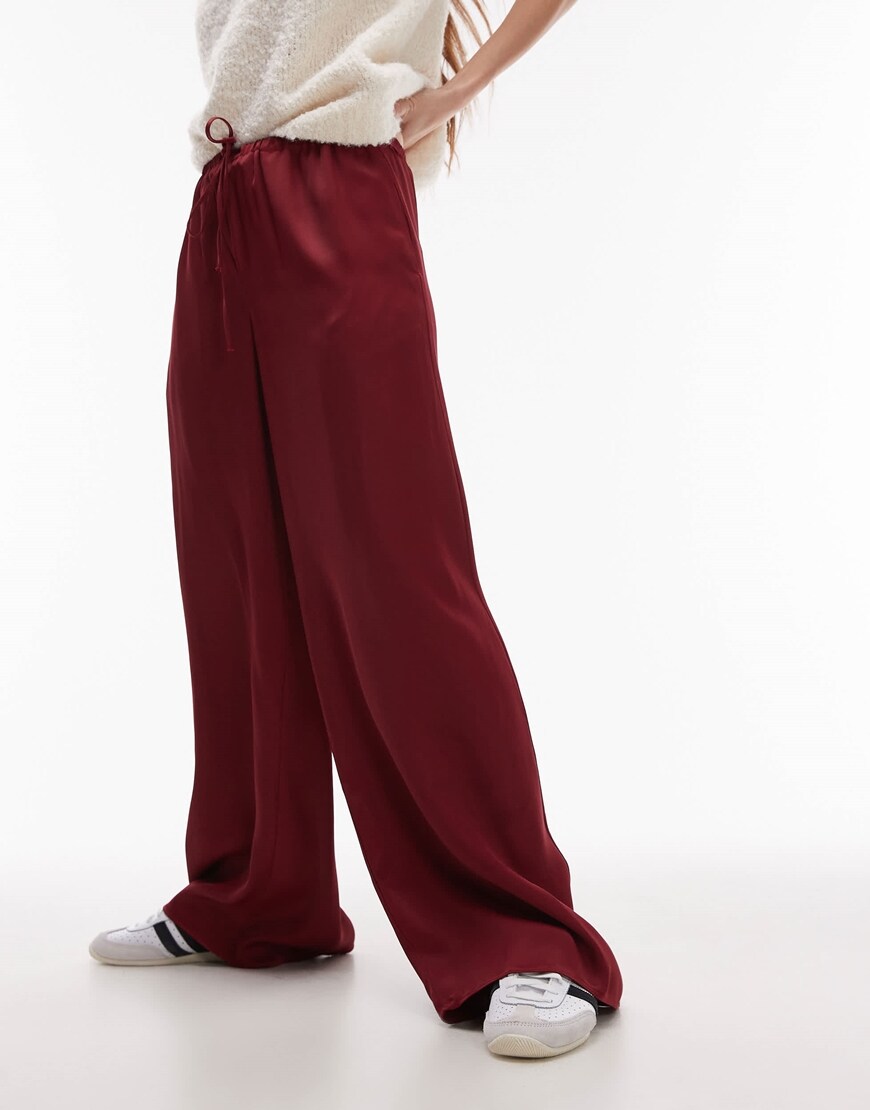 Topshop satin wide leg with tie waist pants in burgundy