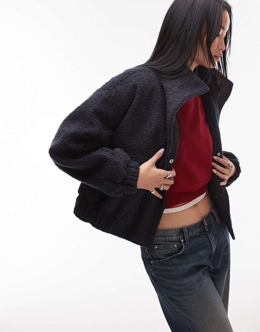 Topshop formal funnel neck boucle bomber style coat in navy