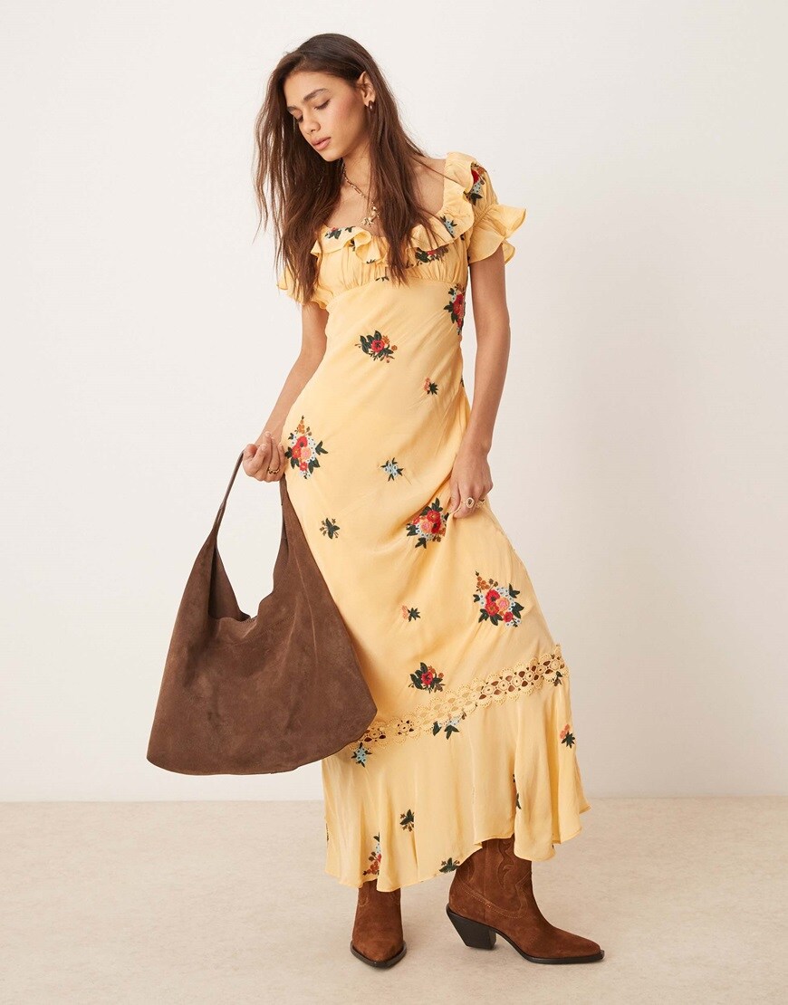 Free People floral embroidered puff sleeve maxi dress in yellow