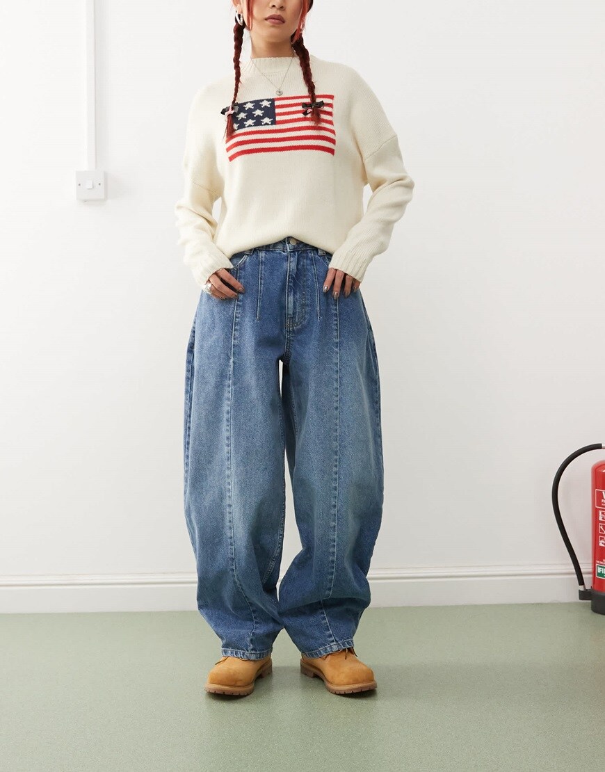 Reclaimed Vintage mid rise denim barrel leg jean in light blue wash