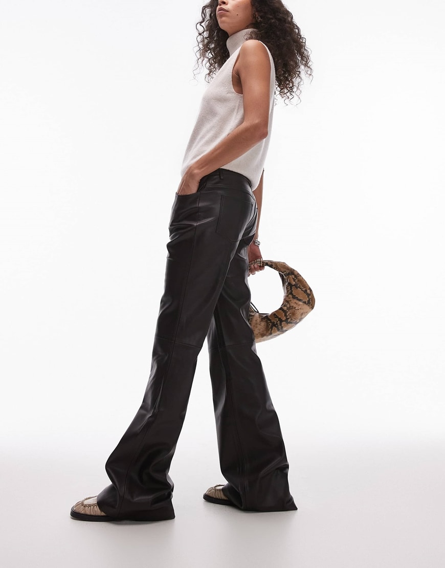 Mango flare leg leather look pants in black