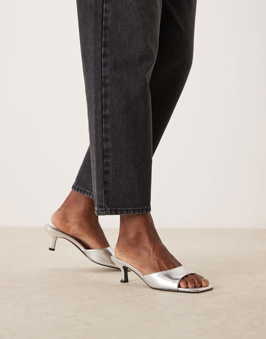 ASOS DESIGN Hyper kitten heeled mules in silver