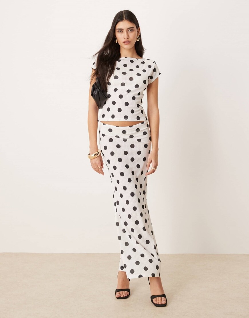 ASOS DESIGN polka dot printed dry handle rib maxi low rise skirt in ecru
