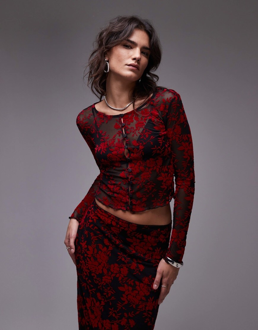 Resume long sleeve mesh button up micro cardigan in devore red floral co-ord | ASOS Style Feed
