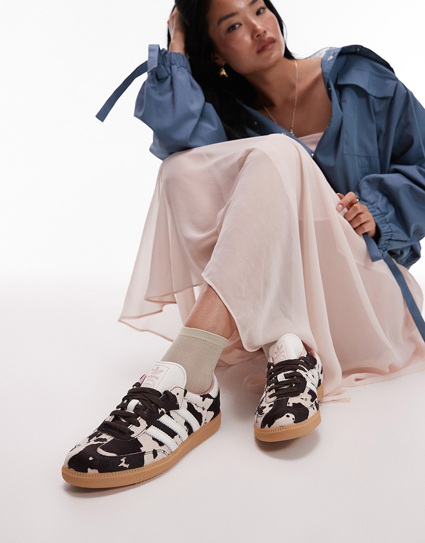 Collage showcasing the adidas | ASOS cow print Samba