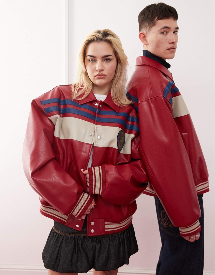 Red faux-leather COLLUSION bomber jackets | ASOS Style Feed