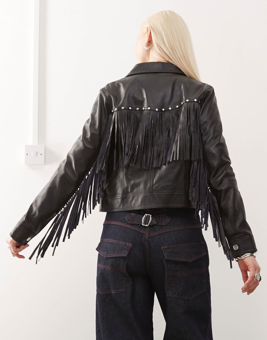 A model wearing a black fringed jacket | ASOS Style Feed