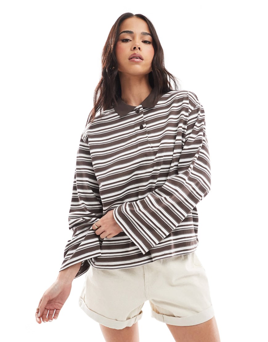 AWARE long sleeve polo top in chocolate brown stripe | ASOS Style Feed