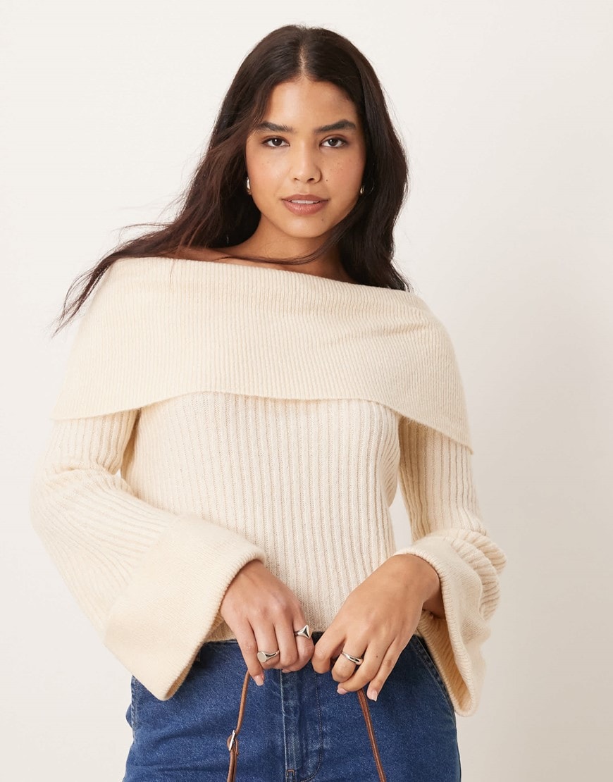 Miss Selfridge wide cuff bardot knitted jumper in cream | ASOS Style Feed