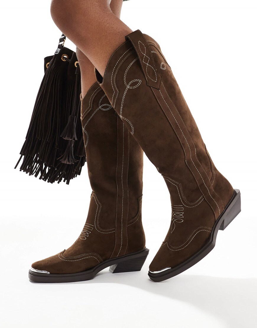 ASOS DESIGN Celeste flat western knee boots in choc faux suede | ASOS Style Feed