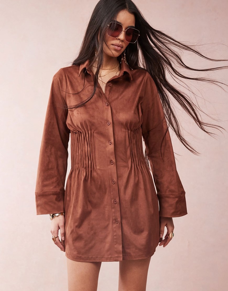 ASOS DESIGN suedette shirt mini dress with cinched pleat waist in chocolate | ASOS Style Feed