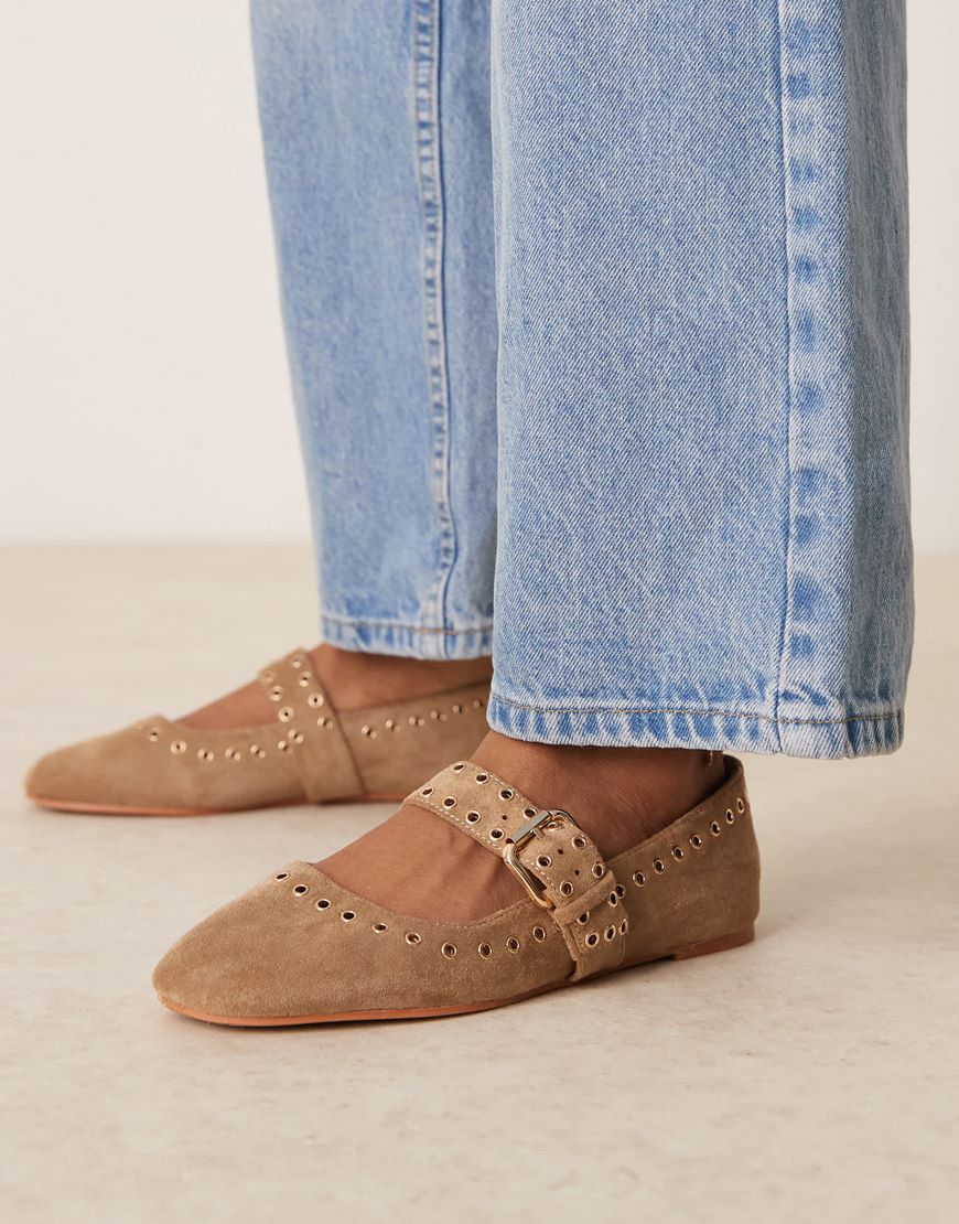 ASOS DESIGN Larson eyelet mary jane ballets in taupe suedette | ASOS Style Feed