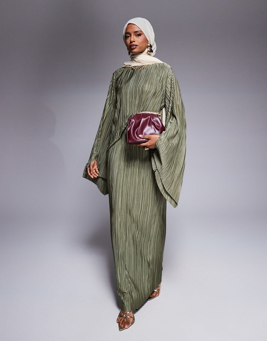 Khaki green plissé maxi dress with cape sleeves