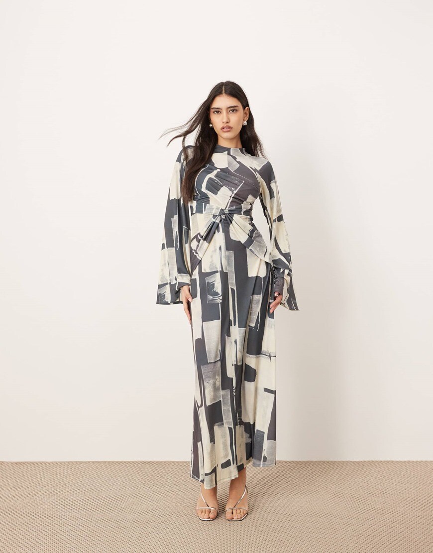 Abstract geo print maxi dress in grey and cream