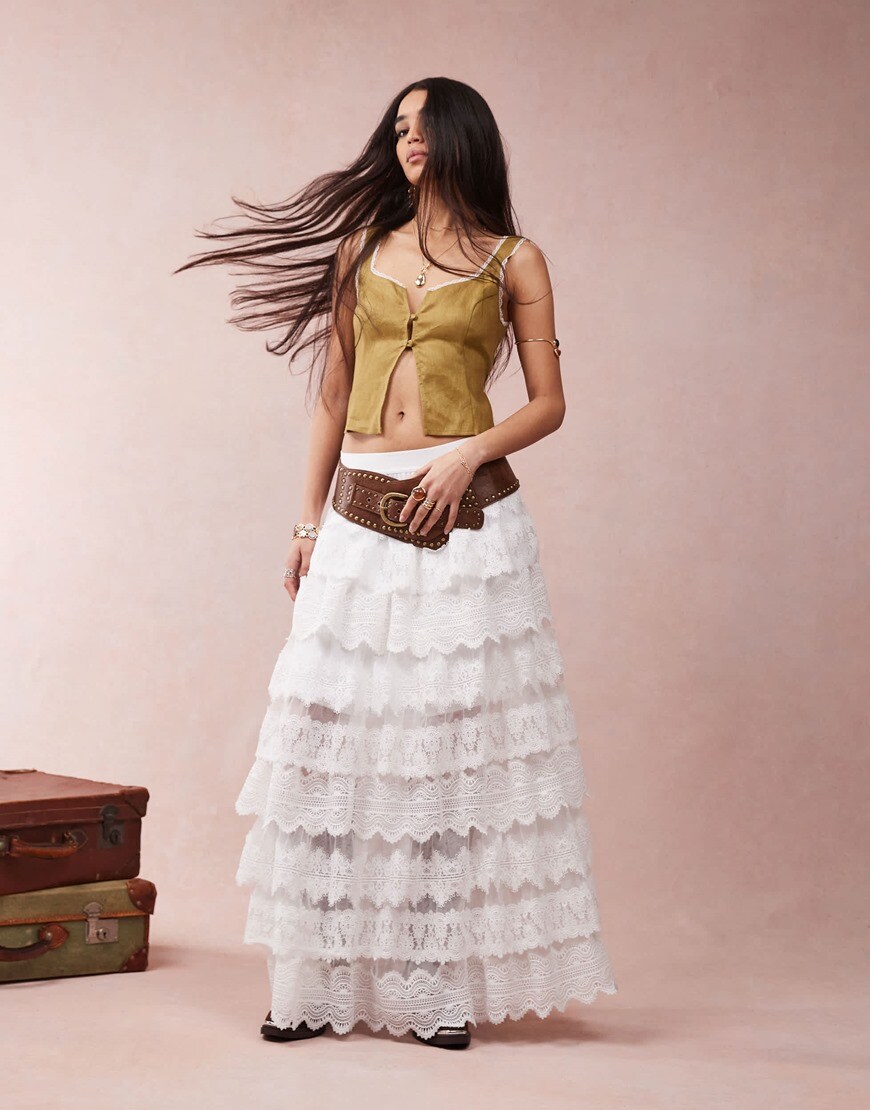 AllSaints Lizi lace maxi skirt in chalk white | ASOS Style Feed