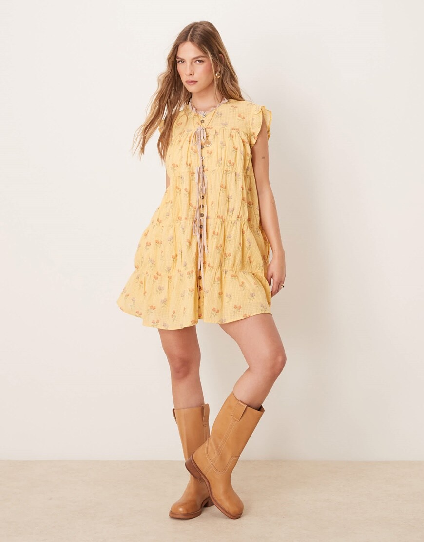 Free People sundown ditsy print smock mini dress in yellow | ASOS Style Feed