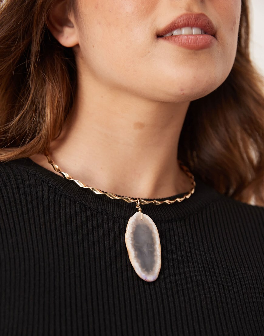 ASOS DESIGN Limited Edition torque choker necklace with semi precious slice stone in gold stone | ASOS Style Feed