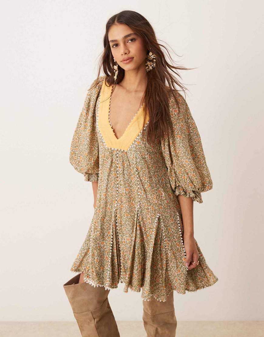 Free People ditsy floral puff sleeve boho mini dress in green | ASOS Style Feed