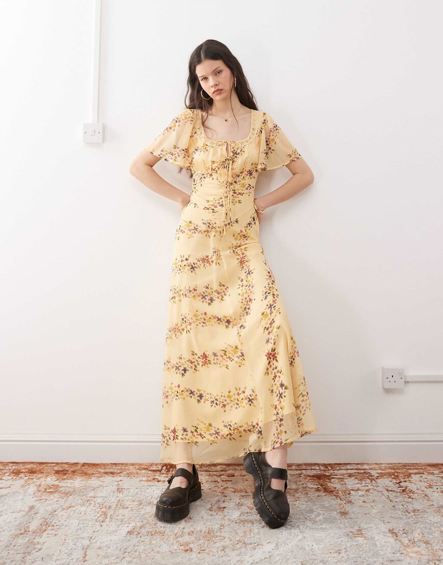 Reclaimed Vintage maxi tea dress with lace in ditsy butter yellow floral print | ASOS Style Feed