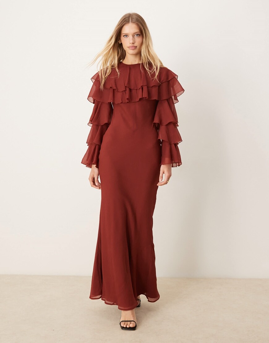 ASOS DESIGN tiered ruffle overlay bias maxi dress in deep chestnut | ASOS Style Feed