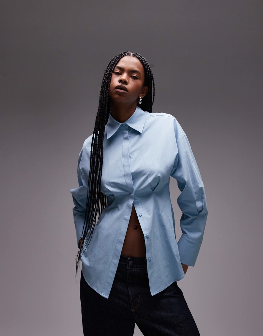 Topshop cinch waisted poplin shirt in blue | ASOS Style Feed
