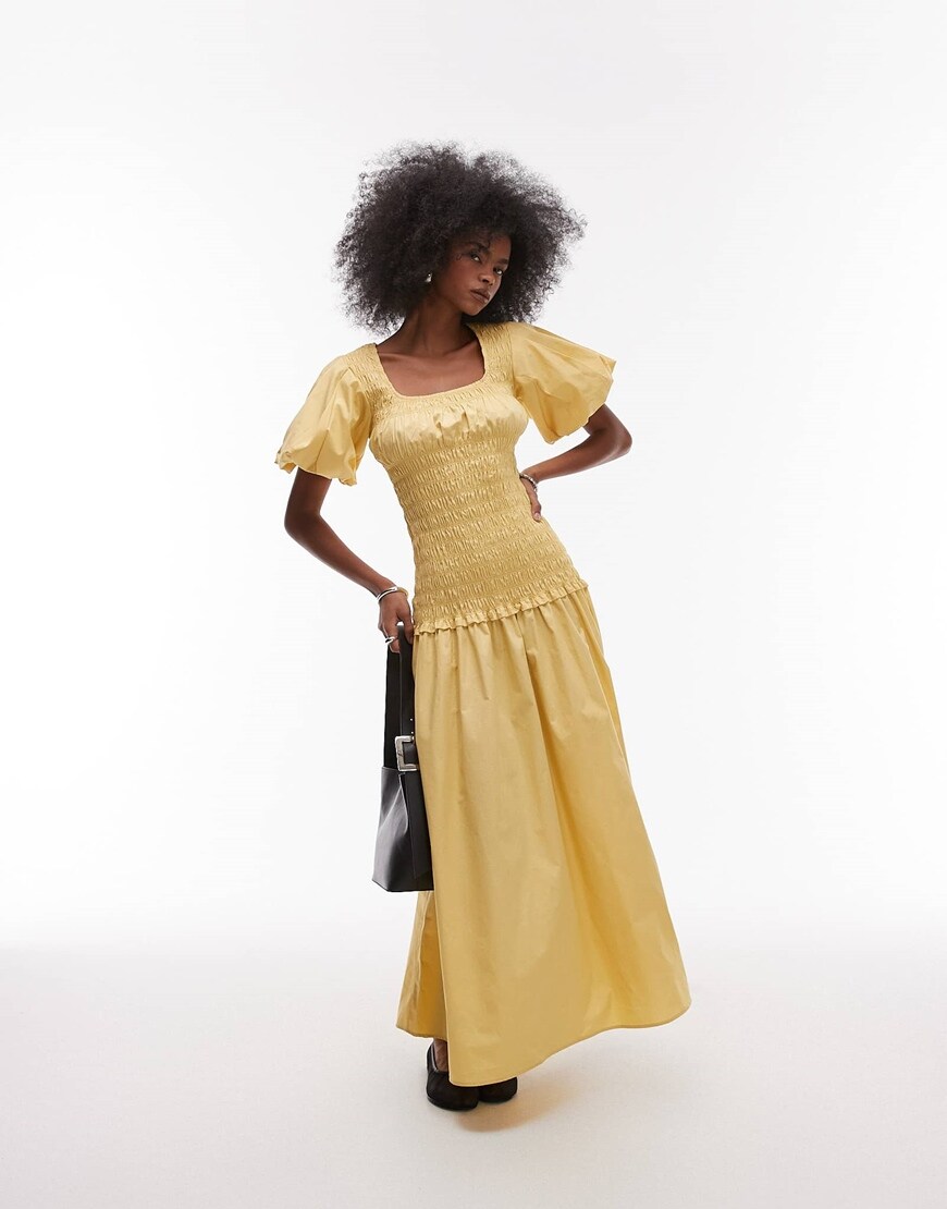 Topshop puff sleeve square neck shirred maxi dress in buttermilk | ASOS Style Feed