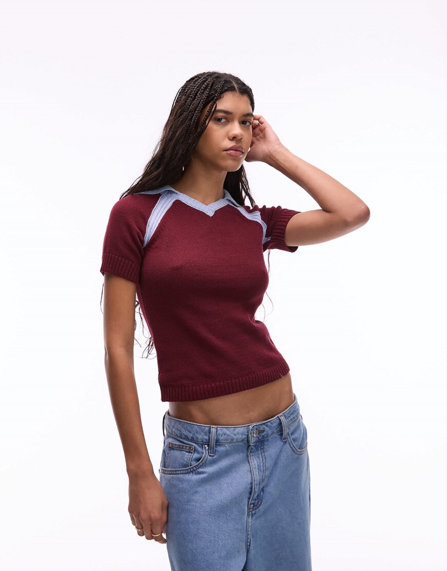 Topshop knitted soccer polo in burgundy and blue | ASOS Style Feed