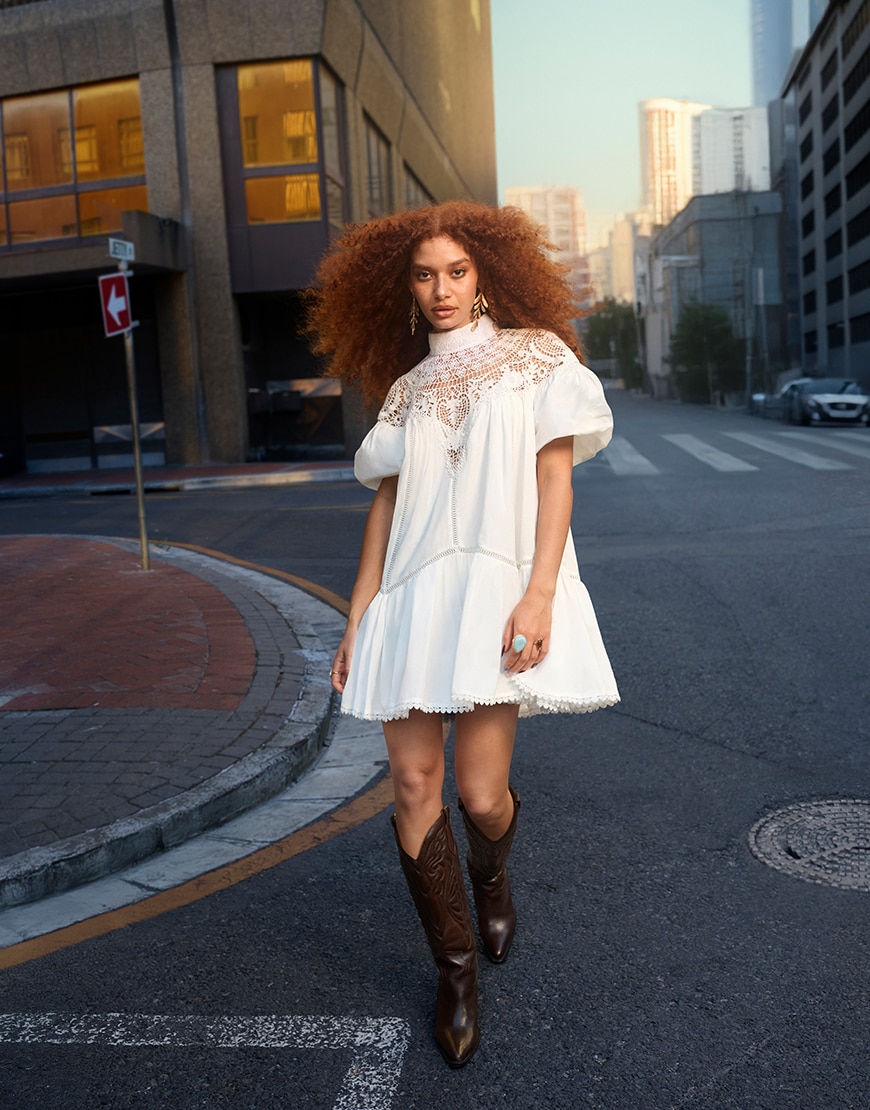 ASOS DESIGN lace detail puff sleeve mini dress in white | ASOS Style Feed
