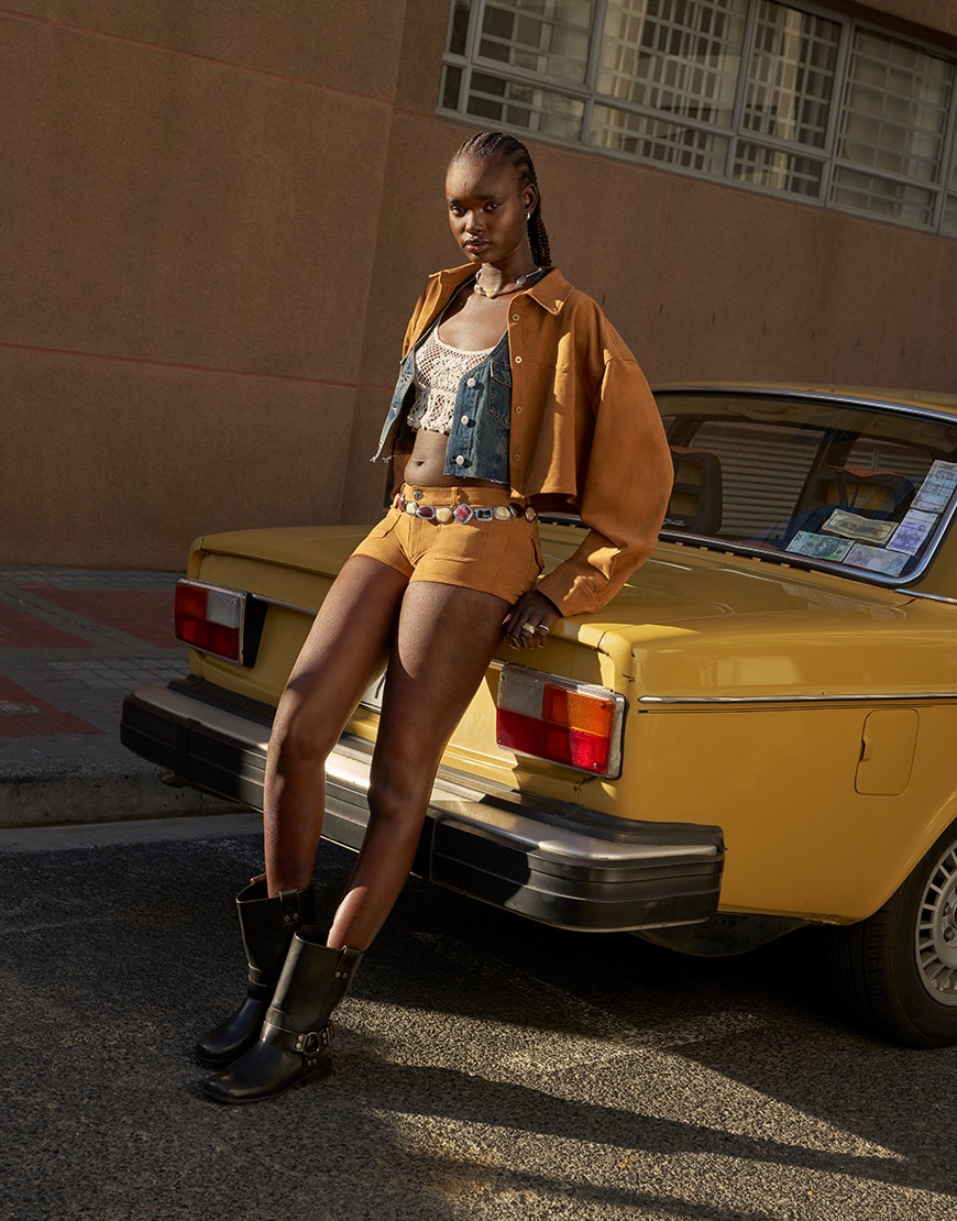 Monki co-ord faux suede cropped shirt with western detail in tan | ASOS Style Feed