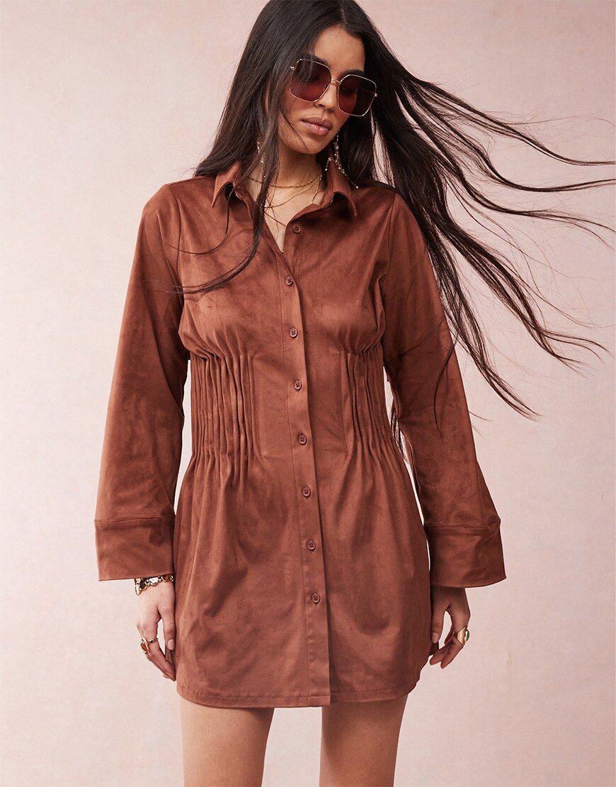 ASOS DESIGN suedette shirt mini dress with cinched pleat waist in chocolate | ASOS Style Feed