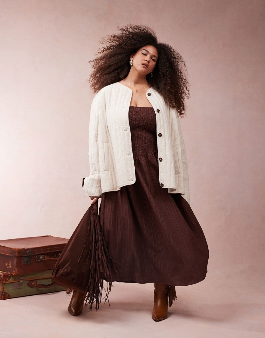 ASOS DESIGN Curve linen dolphin hem collarless quilted jacket in oatmeal | ASOS Style Feed