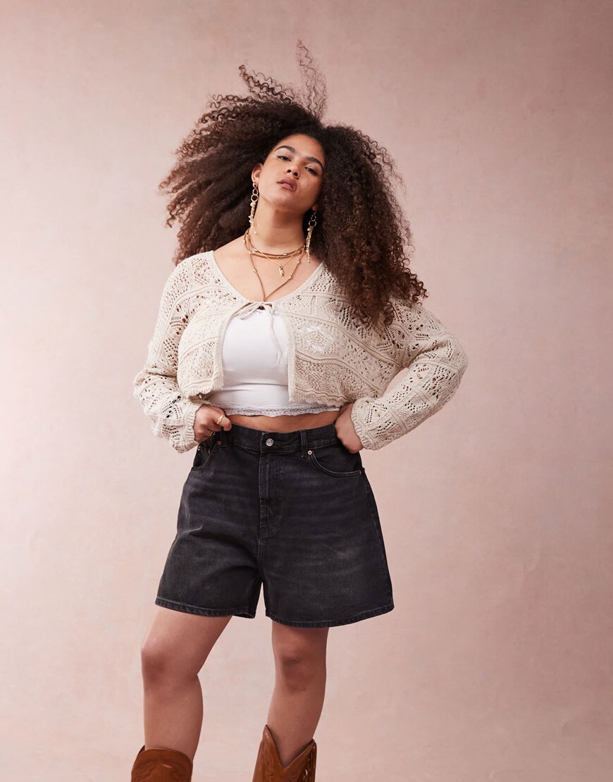 ASOS DESIGN Curve denim dad short in wash black | ASOS Style Feed