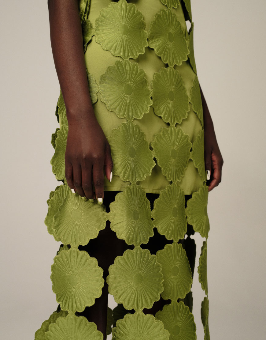 ARRANGE cutwork floral midi dress with fringe hem in green | ASOS Style Feed