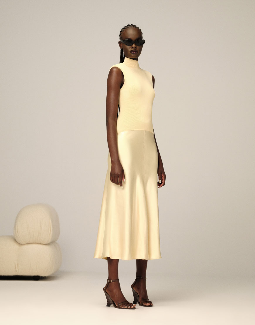 ARRANGE knit drop waist midi dress with satin skirt in off white | ASOS Style Feed