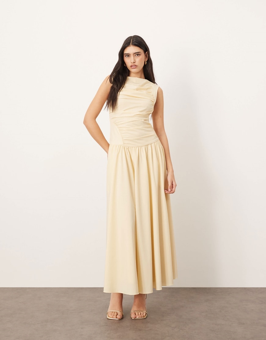 ARRANGE poplin ruched detail drop waist midi dress in buttermilk | ASOS Style Feed
