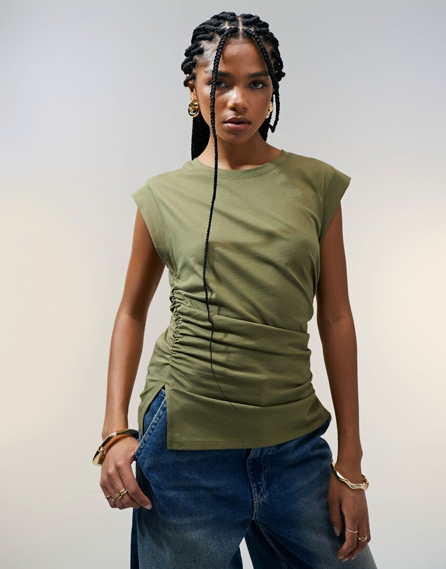 ASOS DESIGN corset waist sharp shoulder tank top in khaki | ASOS Style Feed