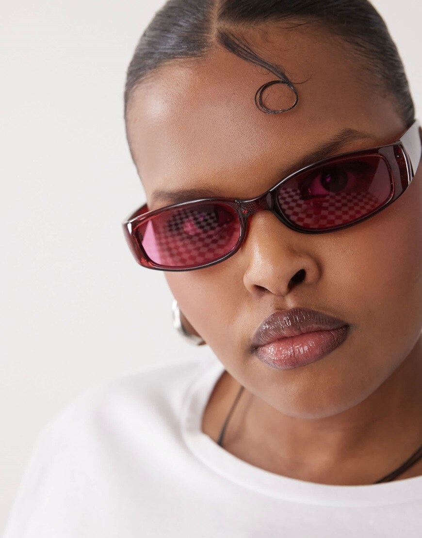 Reclaimed Vintage slim square wrap sunglasses in red | ASOS Style Feed