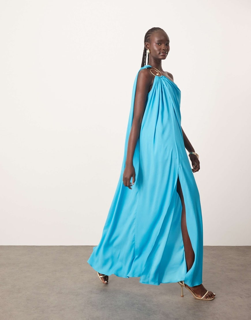 ARRANGE spiral trim one shoulder maxi dress in turquoise blue | ASOS Style Feed
