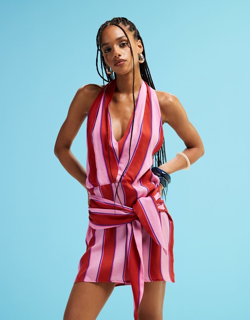 Model wearing striped dress