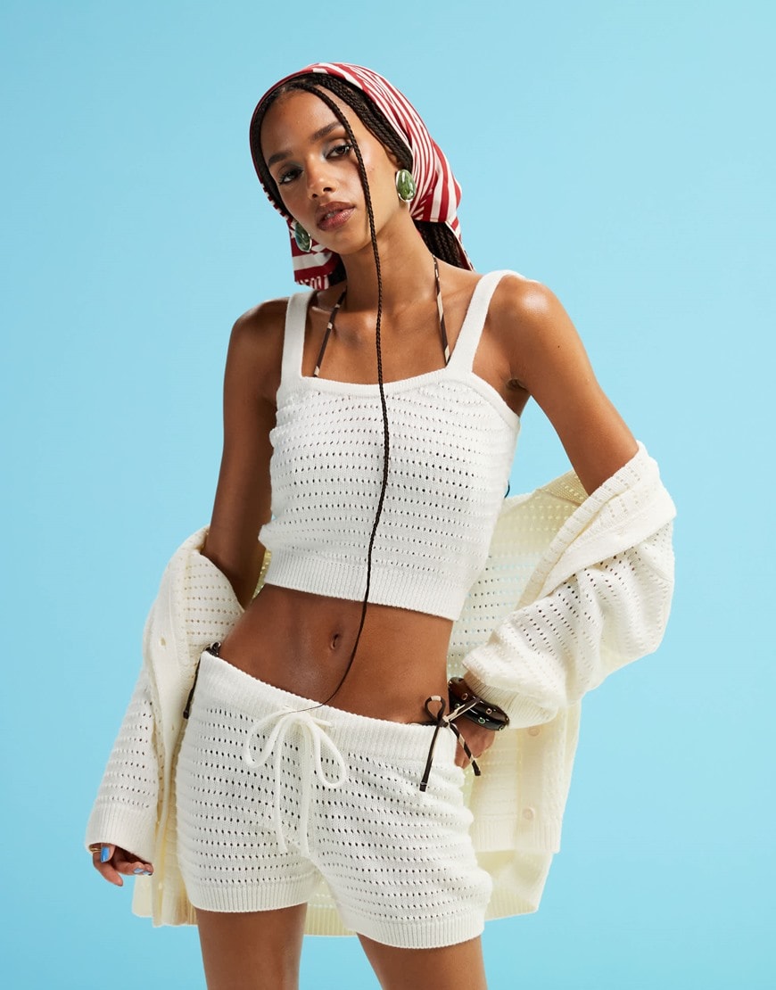 ASOS DESIGN knitted stitch collar cardigan with bralette & mini short co-ord in cream | ASOS Style Feed