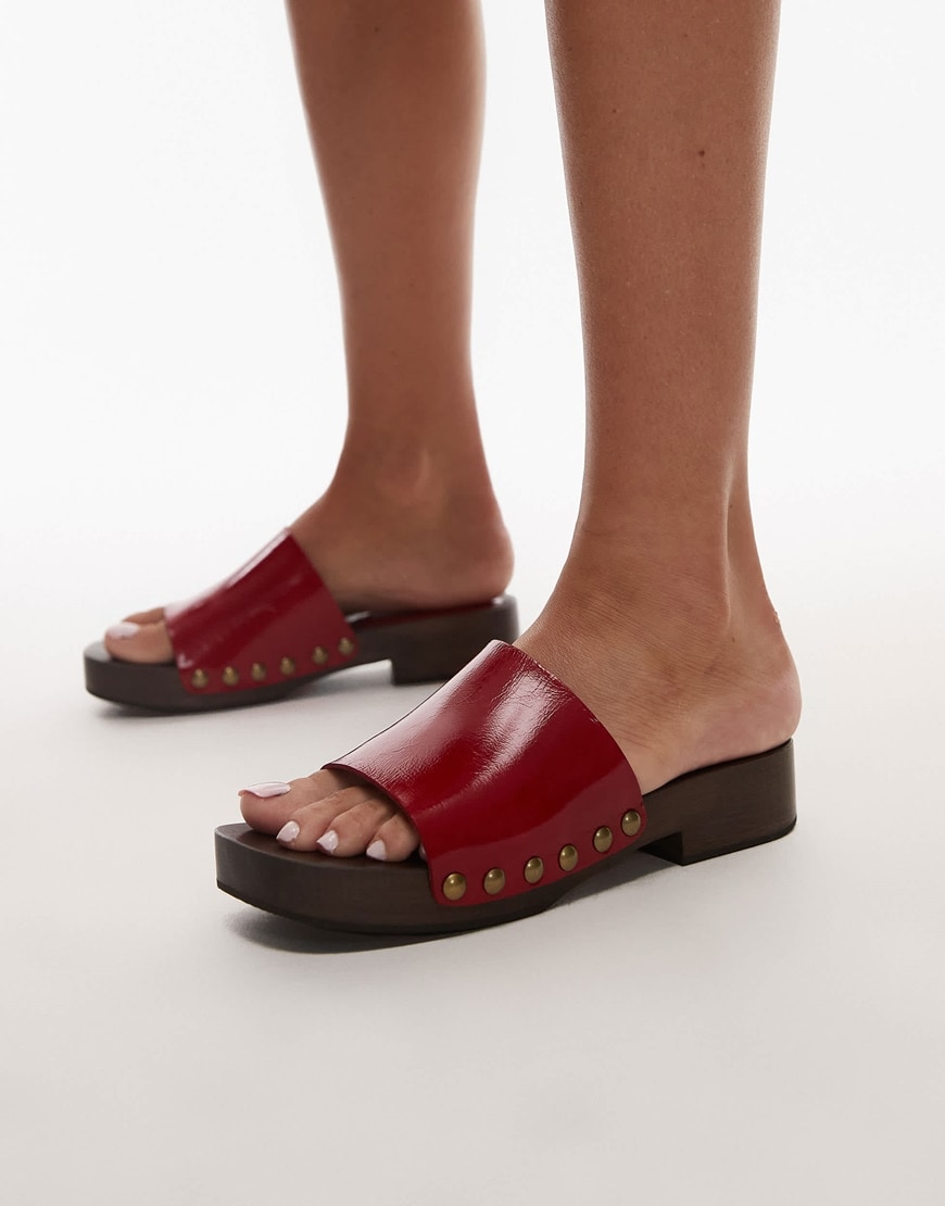 Topshop Premium Harley leather wooden clog in red | ASOS Style Feed