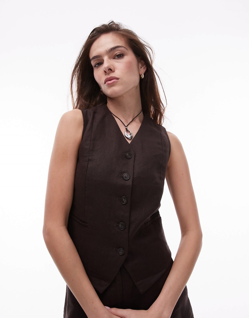 & Other Stories fitted linen waistcoat in dark brown | ASOS Style Feed
