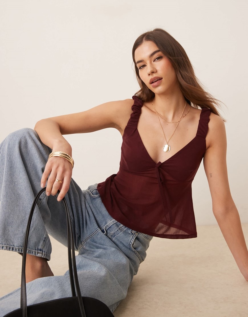 ASOS DESIGN mesh cami top with bow detail in burgundy | ASOS Style Feed