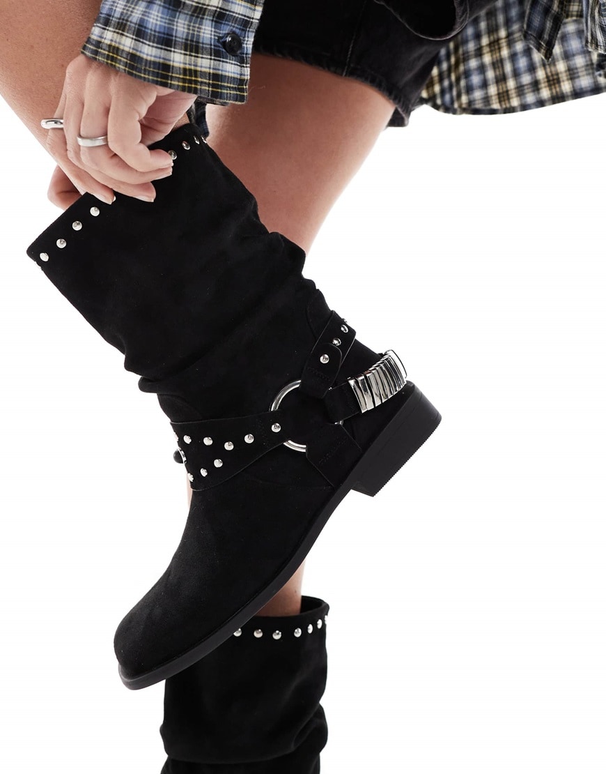 ASOS DESIGN Alara slouchy flat biker boot with hardware in black | ASOS Style Feed
