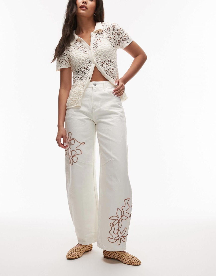 Topshop barrel jean with red embroidery in ecru | ASOS Style Feed