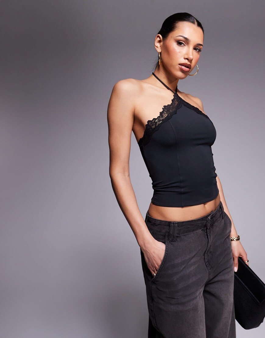ASOS DESIGN slinky lace trim halter top in black | ASOS Style Feed