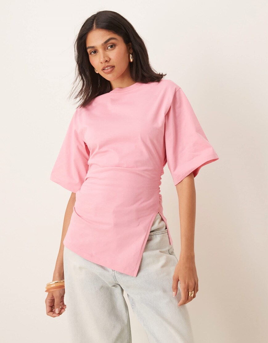 ASOS DESIGN cinched t shirt with asymmetric hem in pink | ASOS Style Feed